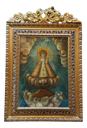 Processional Banner with a Canvas of Our Lady of Candelaria, 16th Century, Oil on Canvas, Framed