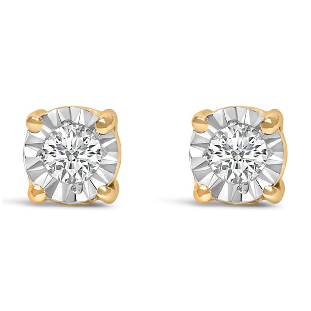 10K Yellow Gold Plated .925 Sterling Silver 1/10 Cttw Round Brilliant-Cut Lab Grown Diamond Miracle-Set Stud Earrings (F-G Color, VS1-VS2 Clarity) For Sale