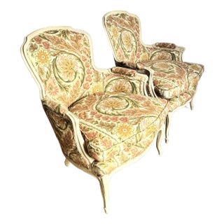 French Provincial Upholstered Floral Wooden Lounge Chairs - A Pair For Sale