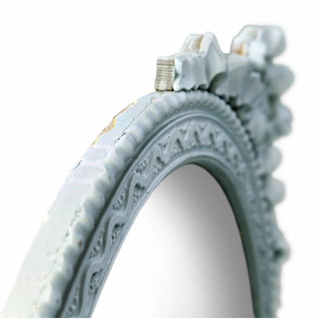 1940s 1940s Blue Hand Carved Round Mirror With Ribbon Crown For Sale - Image 5 of 7