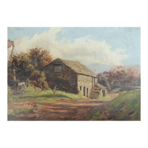 Antique Pastoral Landscape Stone Barn and Chickens Distressed Painting