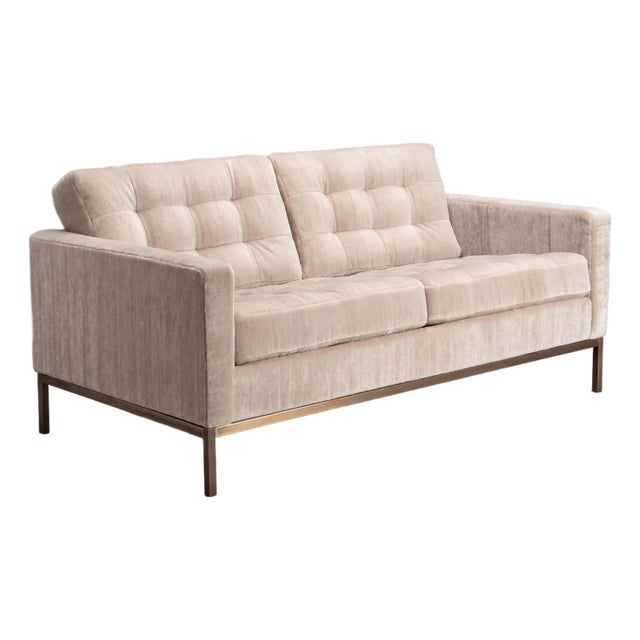 Florence Knoll Settee Loveseat in Limani Mohair & Brushed Bronze For Sale