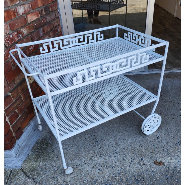 Mid 20th Century Vintage Faux Bamboo Greek Key Patio Bar Cart For Sale - Image 5 of 13