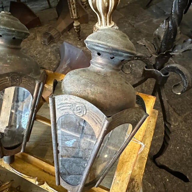 1900 - 1909 Set of Two 1900s Art Nouveau Copper Italian Procession Candle Lamps For Sale - Image 5 of 9