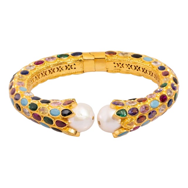 Cleopatra Multi Gemstone & Pearl Gold Chunky Cuff Bracelet For Sale