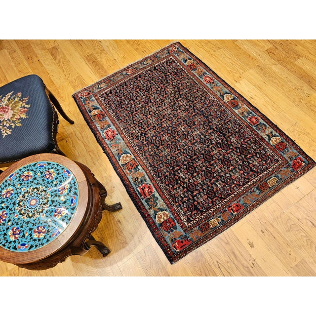 Antique Persian Senneh Area Rug, Hand-Knotted Wool, Herati Pattern & Gol Farang Border, Navy & Light Blue, 4x5 For Sale - Image 11 of 18