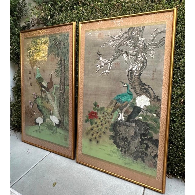 Chelsea House Pair of Monumental Hand-Painted Silk Paintings Chinoiserie For Sale - Image 13 of 18
