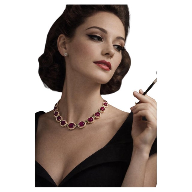 Bochic “Capri” Vintage Natural Ruby, White Topaz & Peridot Necklace Set in 18K G For Sale - Image 4 of 14
