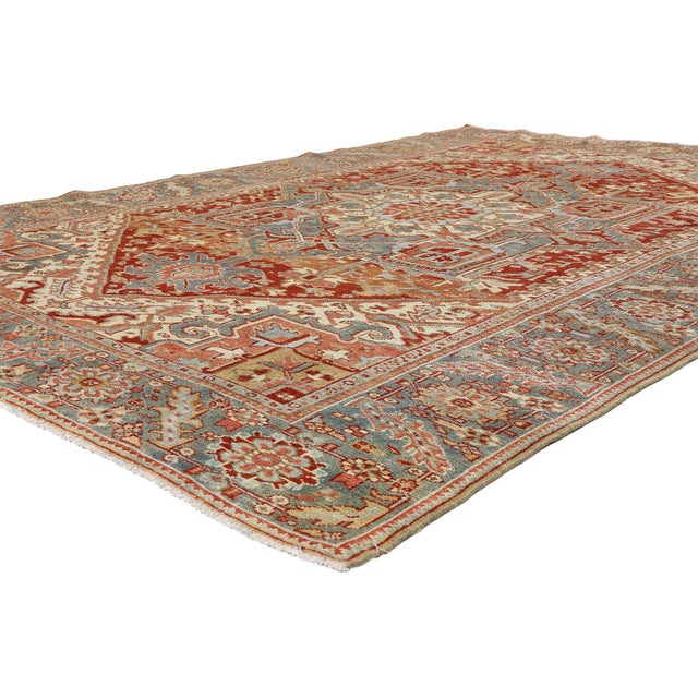 54149 Antique Persian Heriz Rug, 07'01 x 10'02. The Embered Citadel: An Antique Persian Heriz Masterpiece of Nobility Bold...