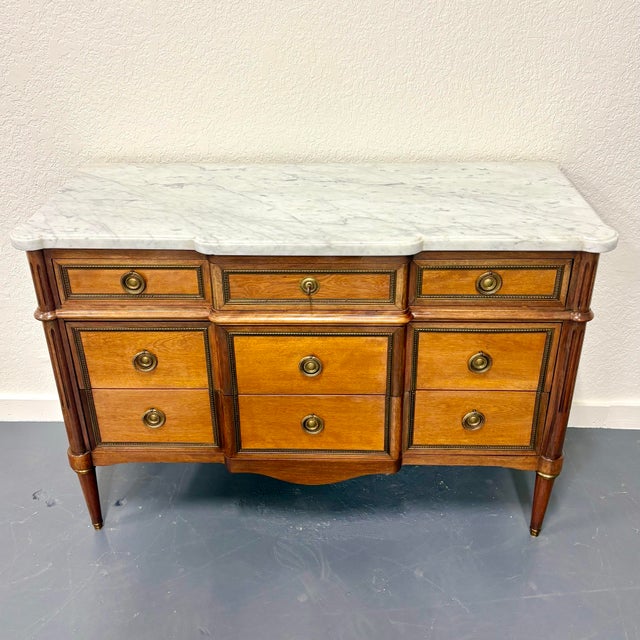 Beautiful three drawer chest! In excellent antique condition with white marble top and stunning decorative detail....