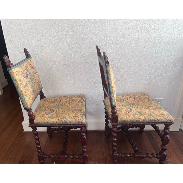 Late 19th Century Late 19th Century Pair (2) Carved Oak Lion Heads Twisted Legs Modern Upholstery English Jacobean Revival Side Chairs For Sale - Image 5 of 12