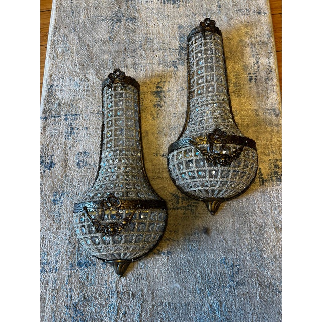 Vintage Dark Bronze and Crystal Wall Sconces - a Pair For Sale - Image 4 of 11