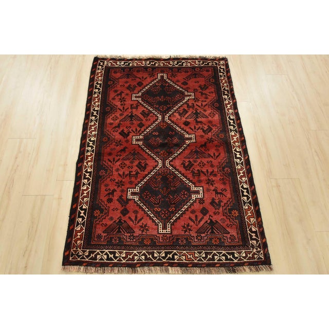Cabin Shiraz Rug 3’6′ X 5′ Red Wool Vintage Tribal Hand-Knotted Oriental Carpet For Sale - Image 3 of 12