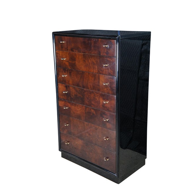 Mid-Century Modern 1980s Henredon Scene Three Art Deco Style Walnut Burl Black Lacquer Tallboy Dresser For Sale - Image 3 of 14