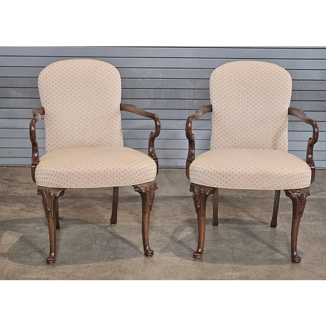 Queen Anne Mid 20th Century Share Pair of Hickory Chair Queen Anne Style Upholstered Arm Chairs For Sale - Image 3 of 9