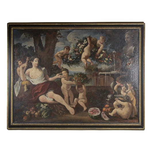 Country Scene Lady with Cherubs, Oil on Canvas, Framed For Sale