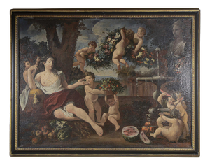 Country Scene Lady with Cherubs, Oil on Canvas, Framed