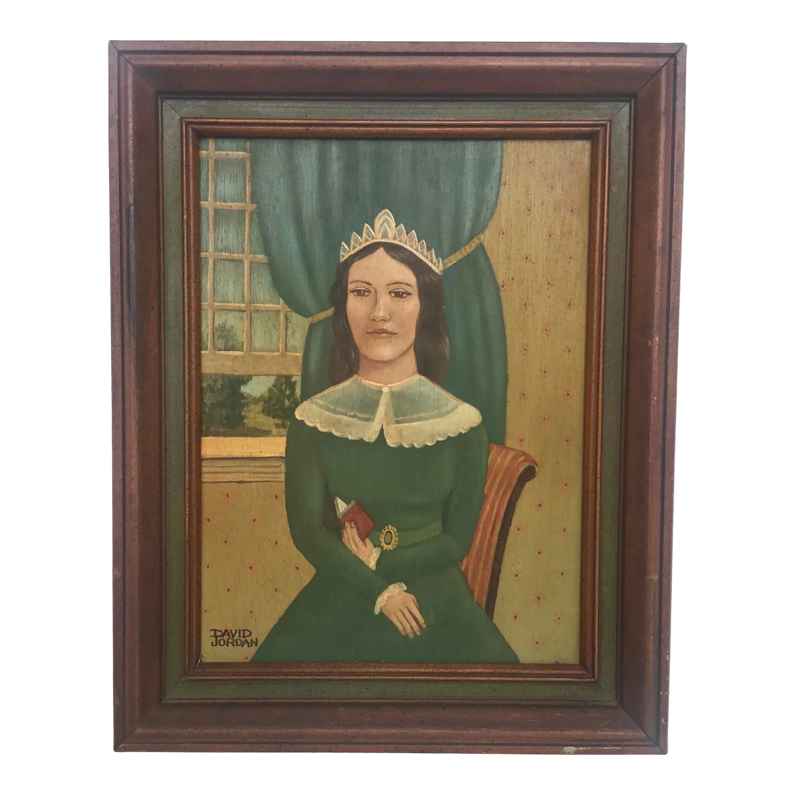Folk Art Portrait of a Lady With Book, Oil Painting on Wood, Mid 20th ...
