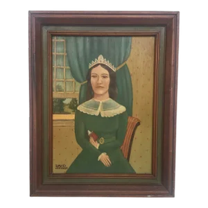Folk Art Portrait of a Lady With Book, Oil Painting on Wood, Mid 20th Century, Framed