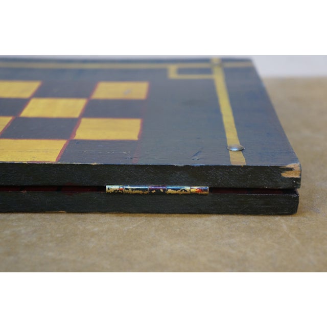 Antique Folk Art Double Sided Folding Parcheesi Chess Checkers Game Board 18" For Sale - Image 10 of 12