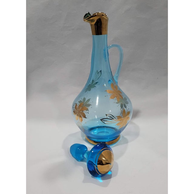 Metal Mid-Century Modern Romanian Vintage Bohemian Blue & 22 Carat Gold Glass Decanter & 6 Piece Set For Sale - Image 7 of 9