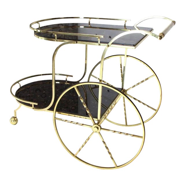 1970s Mid-Century Modern Brass Tortoise Finish Glass Bar Serving Cart For Sale