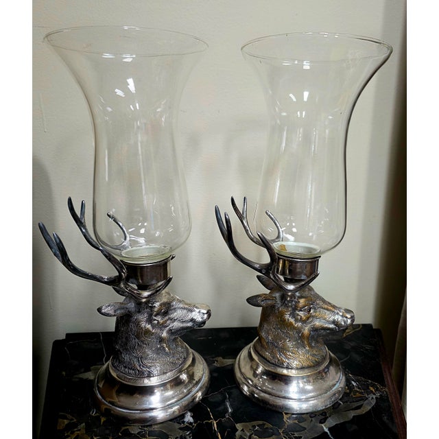 Carole Stupell 1950s Pair of Carole Stupell Stag Silverplate Hurricane Lamps For Sale - Image 4 of 13