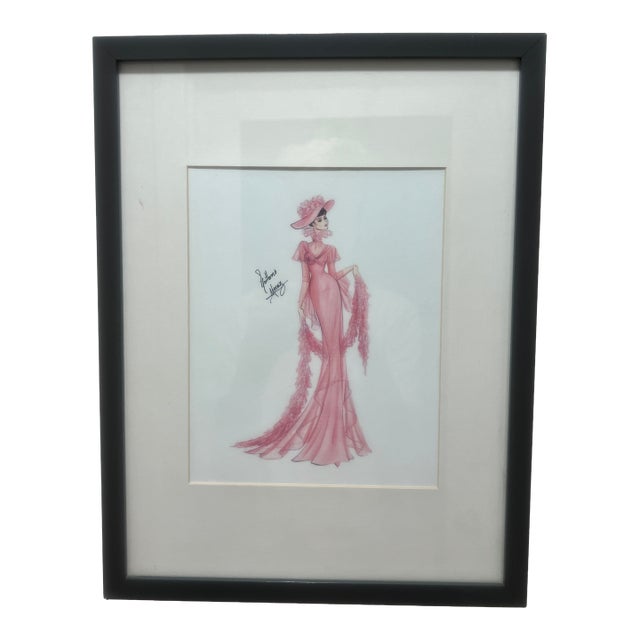 Late 20th Century Original Signed Fashion Illustration by Guillermo Meraz - Glamorous Evening Gown, Framed For Sale