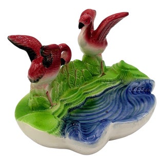 Mid 20th Century Hand Painted Pink Flamingo Couple in Pound Ceramic Scenic Sculpture For Sale