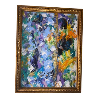 Vintage Large Abstract Impasto Oil Painting With Floral Motifs in a Gold Frame. For Sale