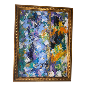 Vintage Large Abstract Impasto Oil Painting With Floral Motifs in a Gold Frame.