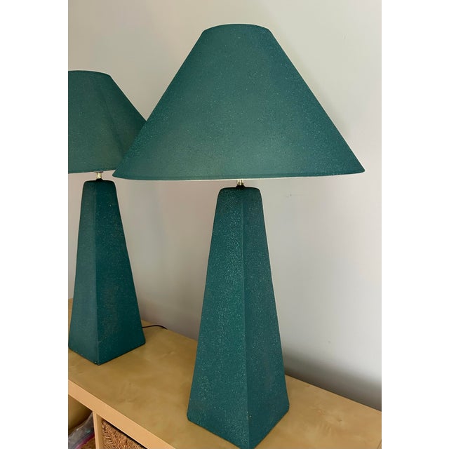 Vintage 1980’s custom painted teal blue table lamps. Features textured paint with lamp shades to match. Great large size....
