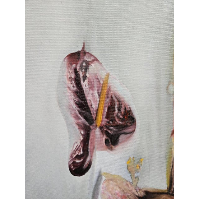 This artwork presents a captivating still life of delicate flowers emerging from a dark, enigmatic vase. Set against a...