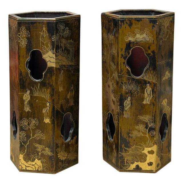 Pair Chinese Matte Gold Scenery Hexagonal Display Wood Brush Pots Vase For Sale