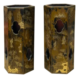 Pair Chinese Matte Gold Scenery Hexagonal Display Wood Brush Pots Vase