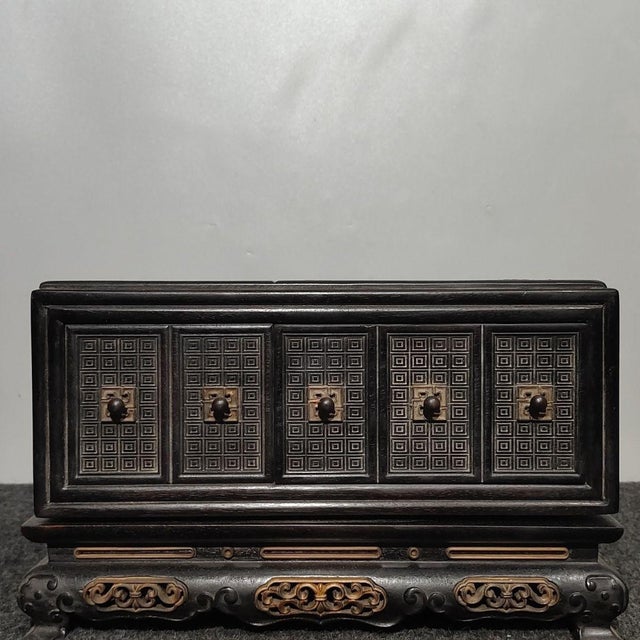 Chinese Antique Chinese Hardwood Jewelry Chest With Gilt-Bronze Inlay & Hidden Drawers For Sale - Image 3 of 9