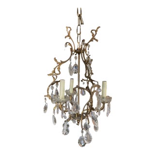 1920s Tall Hollywood Regency Crystal and Brass Chandelier W/ Three Lights For Sale
