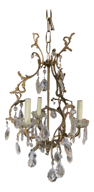 1920s Tall Hollywood Regency Crystal and Brass Chandelier W/ Three Lights