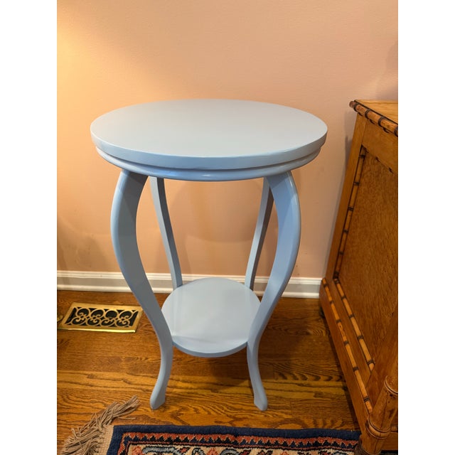 Chic meets serene in this beautifully refinished two-tiered vintage side table, professionally lacquered in a soft, pale...