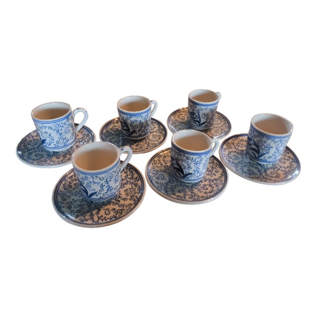 Vintage Hand Made Blue and White Turkish Coffee /Espresso Cups - 12pcs For Sale
