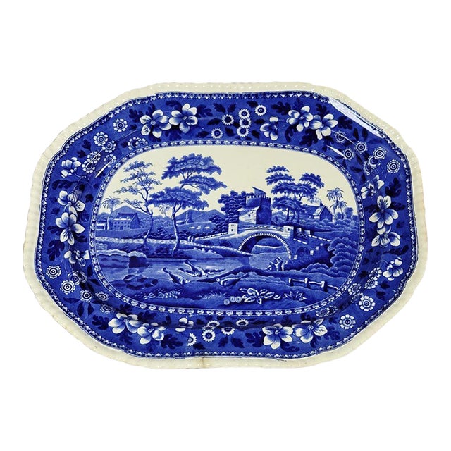 Large English Antique Blue Copeland Spode's Tower Platter Serving Tray For Sale