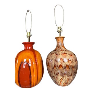Pair of Monumental Vintage Drip-Glaze Ceramic Lamps, Italian Modern Hollywood Regency Style, 1960s For Sale