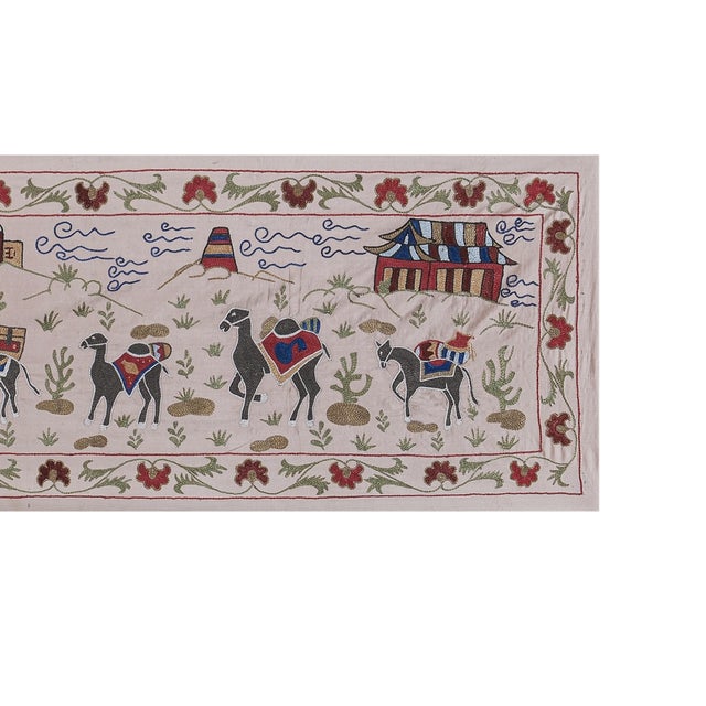 Suzani Tapestry With Camel Design, Animal Pictorial Silk on Silk Suzani Wall Hanging Decor 1'8'' X 6'3'' Dimension; 21" x...