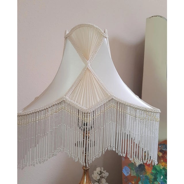 Victorian Antique Silk Fringe Beaded Lampshade Pearl Glass For Sale - Image 3 of 9