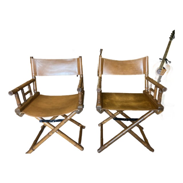 1970s Vintage Telescope Leather and Bamboo Director Chairs- Set of 2 For Sale