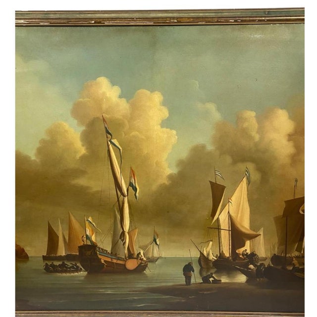 You are viewing a handsome late 19th-century marine oil painting executed in the style of the Dutch Golden Age maritime...