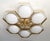 Italian midcentury flush mount with six glossy white Murano glass shades mounted on solid brass frame in lacquered...
