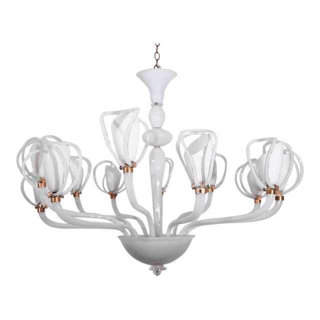 12 Arm Large White Murano Chandelier by Venini For Sale