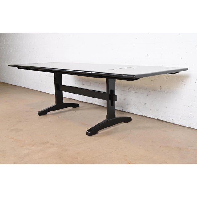 Ethan Allen Ethan Allen Black Lacquered Pine Trestle Base Farmhouse Extension Dining Table, Newly Refinished For Sale - Image 4 of 13