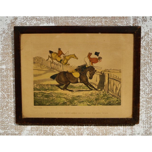 An amusing set of six well-presented antique framed hunting prints showing hunting disasters with accompanying texts....